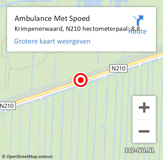 Locatie op kaart van de 112 melding: Ambulance Met Spoed Naar Krimpenerwaard, N210 hectometerpaal: 8,8 op 14 februari 2024 18:27