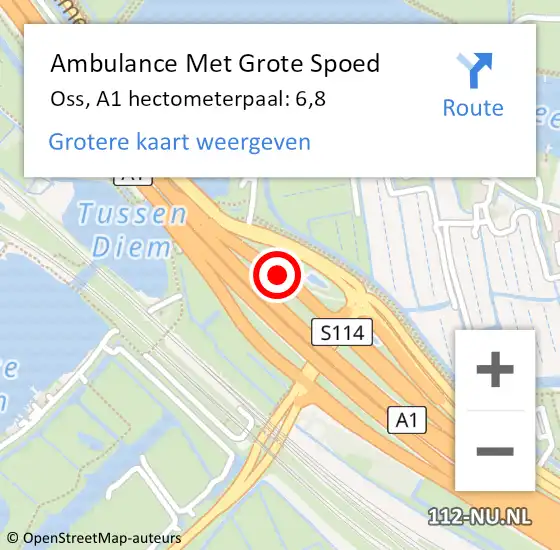 Locatie op kaart van de 112 melding: Ambulance Met Grote Spoed Naar Oss, A1 hectometerpaal: 6,8 op 14 februari 2024 18:38