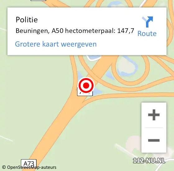 Locatie op kaart van de 112 melding: Politie Beuningen, A50 hectometerpaal: 147,7 op 14 februari 2024 19:46