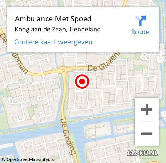 Locatie op kaart van de 112 melding: Ambulance Met Spoed Naar Koog aan de Zaan, Henneland op 14 februari 2024 22:42