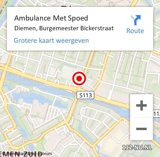 Locatie op kaart van de 112 melding: Ambulance Met Spoed Naar Diemen, Burgemeester Bickerstraat op 15 februari 2024 03:13