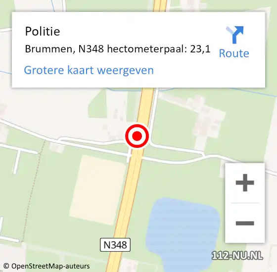 Locatie op kaart van de 112 melding: Politie Brummen, N348 hectometerpaal: 23,1 op 15 februari 2024 03:52