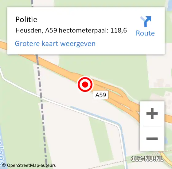 Locatie op kaart van de 112 melding: Politie Heusden, A59 hectometerpaal: 118,6 op 15 februari 2024 05:49
