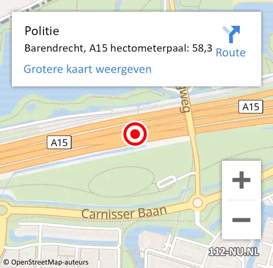 Locatie op kaart van de 112 melding: Politie Barendrecht, A15 hectometerpaal: 58,3 op 15 februari 2024 07:10