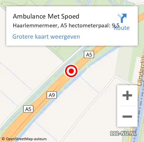 Locatie op kaart van de 112 melding: Ambulance Met Spoed Naar Haarlemmermeer, A5 hectometerpaal: 9,5 op 15 februari 2024 07:32