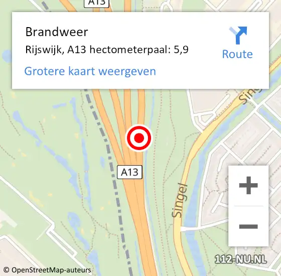 Locatie op kaart van de 112 melding: Brandweer Rijswijk, A13 hectometerpaal: 5,9 op 15 februari 2024 08:10