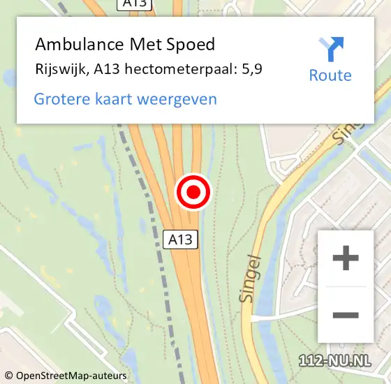 Locatie op kaart van de 112 melding: Ambulance Met Spoed Naar Rijswijk, A13 hectometerpaal: 5,9 op 15 februari 2024 08:11