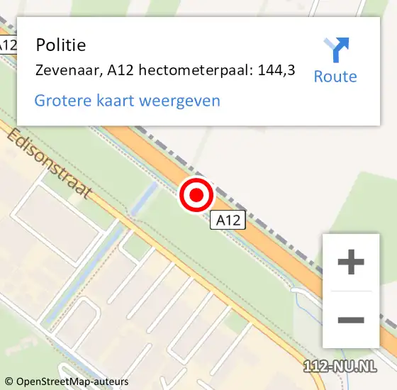 Locatie op kaart van de 112 melding: Politie Zevenaar, A12 hectometerpaal: 144,3 op 15 februari 2024 08:22