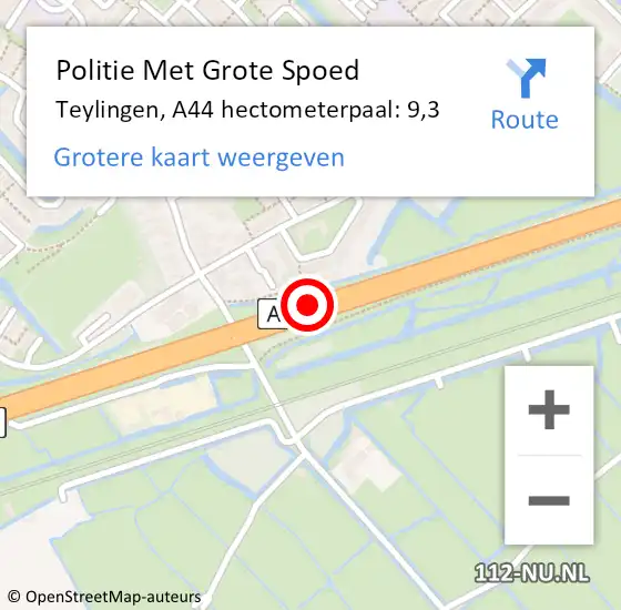 Locatie op kaart van de 112 melding: Politie Met Grote Spoed Naar Teylingen, A44 hectometerpaal: 9,3 op 15 februari 2024 09:13