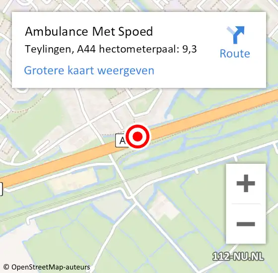 Locatie op kaart van de 112 melding: Ambulance Met Spoed Naar Teylingen, A44 hectometerpaal: 9,3 op 15 februari 2024 09:14