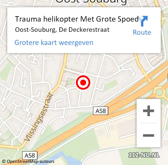 Locatie op kaart van de 112 melding: Trauma helikopter Met Grote Spoed Naar Oost-Souburg, De Deckerestraat op 15 februari 2024 09:33