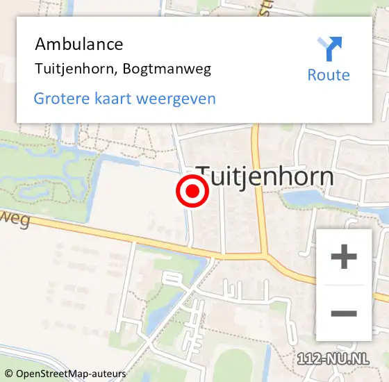 Locatie op kaart van de 112 melding: Ambulance Tuitjenhorn, Bogtmanweg op 15 februari 2024 10:06