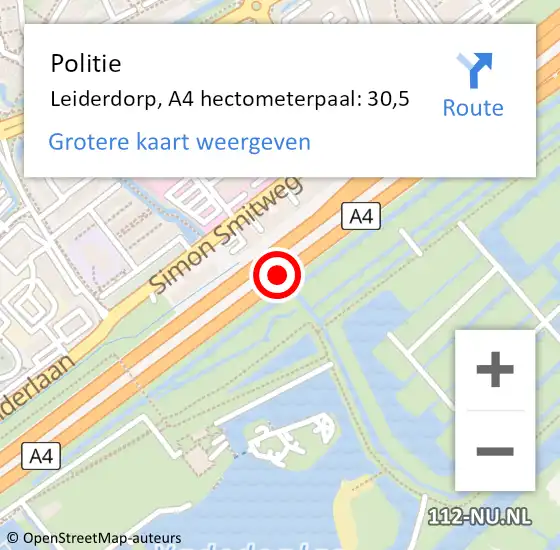 Locatie op kaart van de 112 melding: Politie Leiderdorp, A4 hectometerpaal: 30,5 op 15 februari 2024 11:58