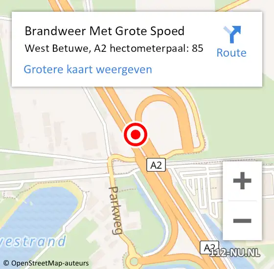 Locatie op kaart van de 112 melding: Brandweer Met Grote Spoed Naar West Betuwe, A2 hectometerpaal: 85 op 15 februari 2024 13:48