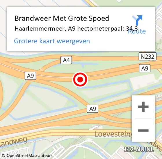 Locatie op kaart van de 112 melding: Brandweer Met Grote Spoed Naar Haarlemmermeer, A9 hectometerpaal: 34,3 op 15 februari 2024 13:52