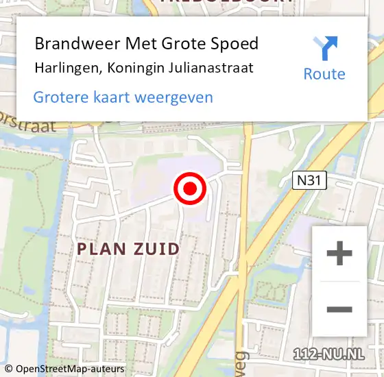 Locatie op kaart van de 112 melding: Brandweer Met Grote Spoed Naar Harlingen, Koningin Julianastraat op 15 oktober 2013 17:06