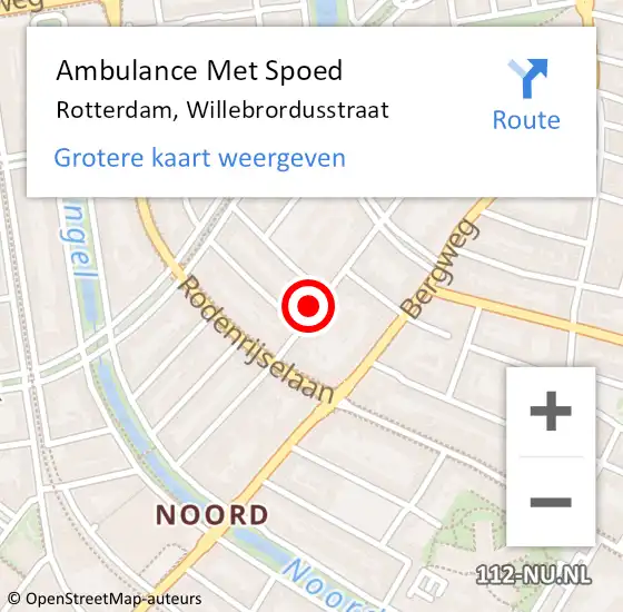Locatie op kaart van de 112 melding: Ambulance Met Spoed Naar Rotterdam, Willebrordusstraat op 15 februari 2024 14:38