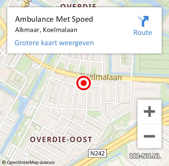 Locatie op kaart van de 112 melding: Ambulance Met Spoed Naar Alkmaar, Koelmalaan op 15 februari 2024 15:51