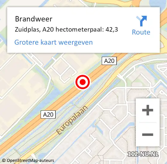 Locatie op kaart van de 112 melding: Brandweer Zuidplas, A20 hectometerpaal: 42,3 op 15 februari 2024 16:14