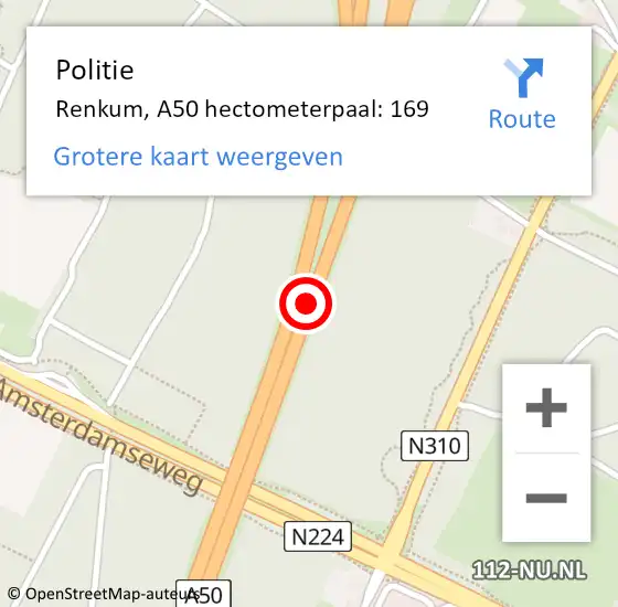 Locatie op kaart van de 112 melding: Politie Renkum, A50 hectometerpaal: 169 op 15 februari 2024 16:39