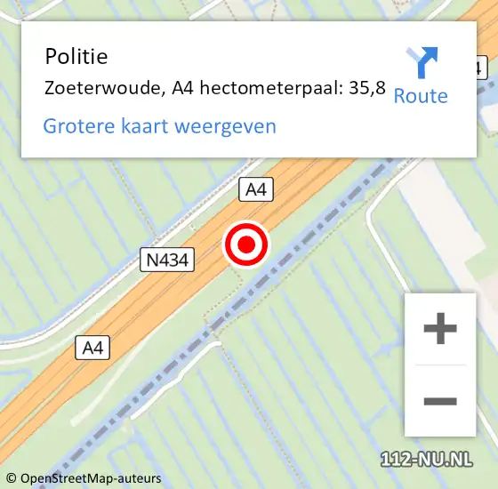 Locatie op kaart van de 112 melding: Politie Zoeterwoude, A4 hectometerpaal: 35,8 op 15 februari 2024 18:21