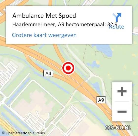 Locatie op kaart van de 112 melding: Ambulance Met Spoed Naar Haarlemmermeer, A9 hectometerpaal: 32,9 op 15 februari 2024 18:40