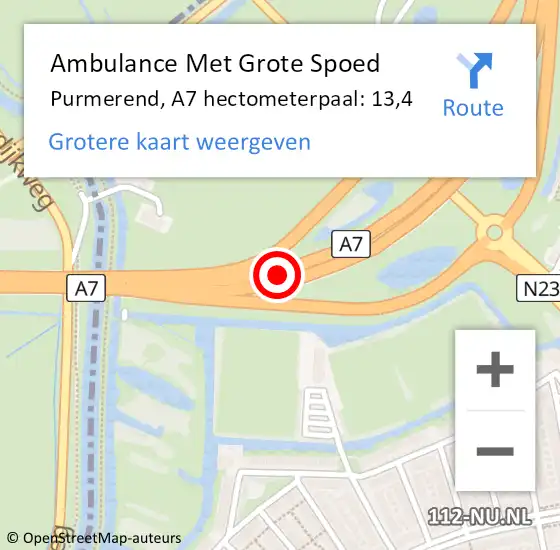 Locatie op kaart van de 112 melding: Ambulance Met Grote Spoed Naar Purmerend, A7 hectometerpaal: 13,4 op 15 februari 2024 18:50
