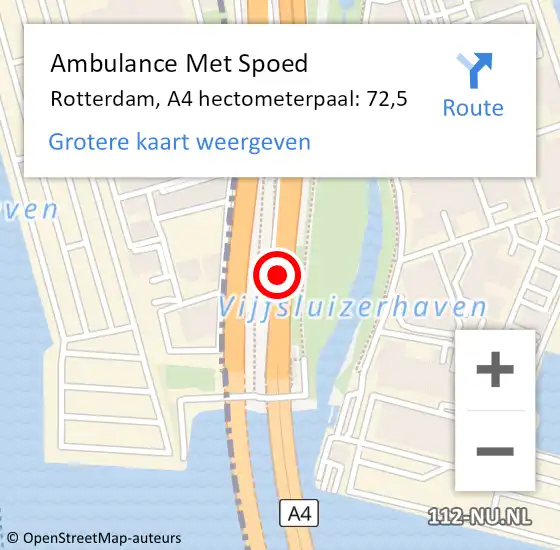 Locatie op kaart van de 112 melding: Ambulance Met Spoed Naar Rotterdam, A4 hectometerpaal: 72,5 op 15 februari 2024 19:01