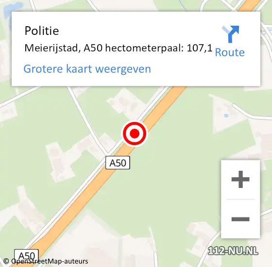 Locatie op kaart van de 112 melding: Politie Meierijstad, A50 hectometerpaal: 107,1 op 15 februari 2024 19:34