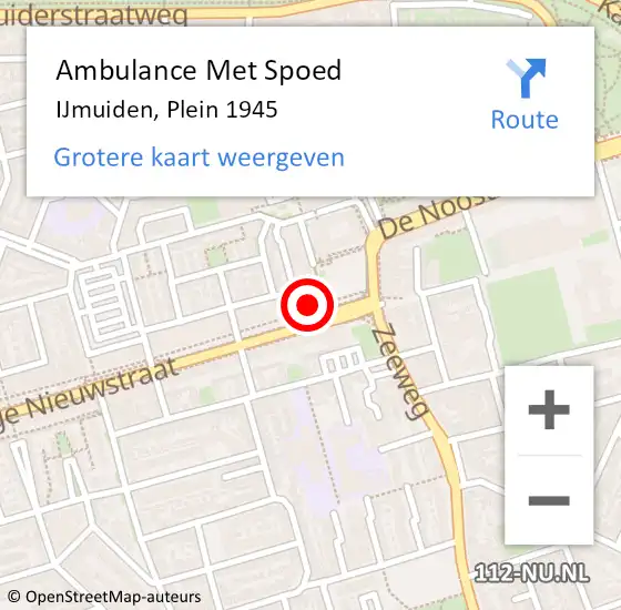 Locatie op kaart van de 112 melding: Ambulance Met Spoed Naar IJmuiden, Plein 1945 op 15 februari 2024 21:45