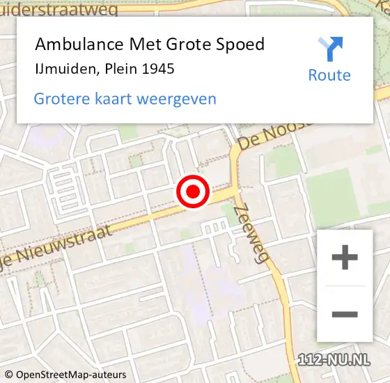 Locatie op kaart van de 112 melding: Ambulance Met Grote Spoed Naar IJmuiden, Plein 1945 op 15 februari 2024 22:23