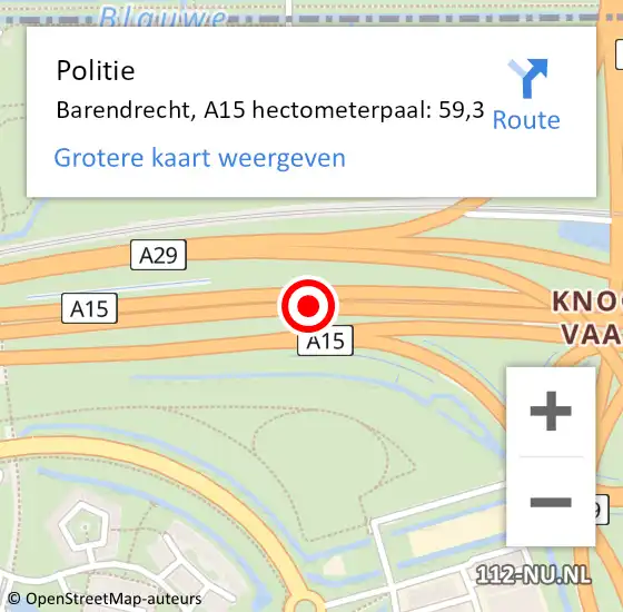 Locatie op kaart van de 112 melding: Politie Barendrecht, A15 hectometerpaal: 59,3 op 15 februari 2024 22:48