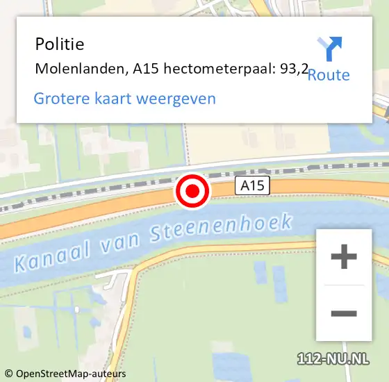 Locatie op kaart van de 112 melding: Politie Molenlanden, A15 hectometerpaal: 93,2 op 16 februari 2024 01:13