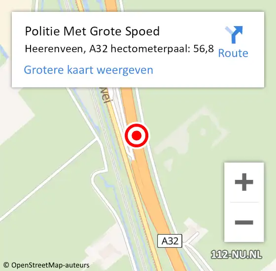 Locatie op kaart van de 112 melding: Politie Met Grote Spoed Naar Heerenveen, A32 hectometerpaal: 56,8 op 16 februari 2024 05:10