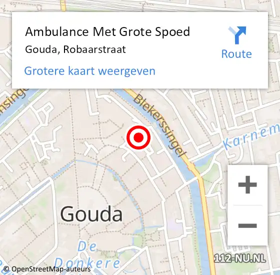 Locatie op kaart van de 112 melding: Ambulance Met Grote Spoed Naar Gouda, Robaarstraat op 16 februari 2024 09:29