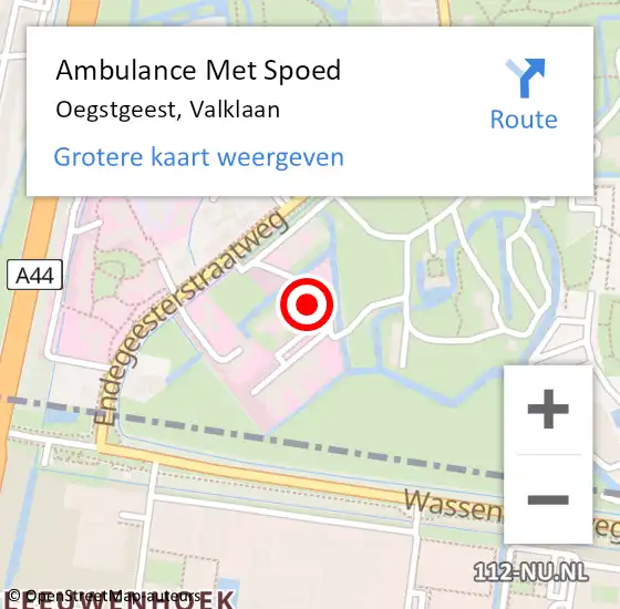 Locatie op kaart van de 112 melding: Ambulance Met Spoed Naar Oegstgeest, Valklaan op 16 februari 2024 10:37