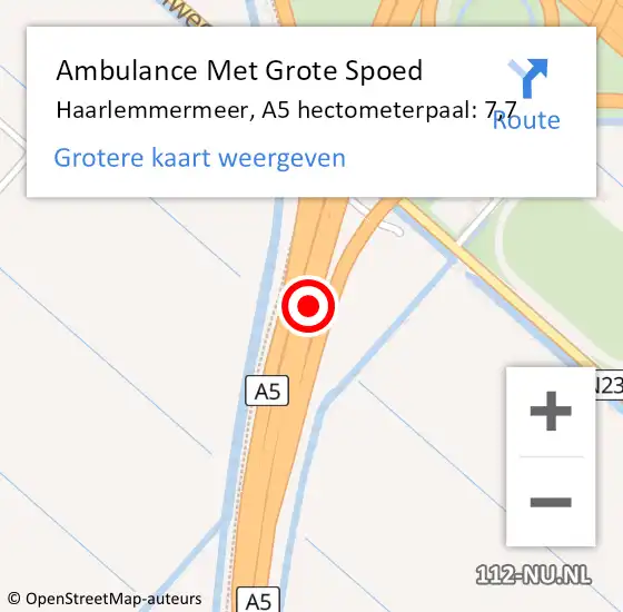 Locatie op kaart van de 112 melding: Ambulance Met Grote Spoed Naar Haarlemmermeer, A5 hectometerpaal: 7,7 op 16 februari 2024 12:27