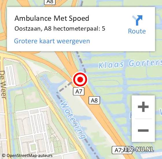 Locatie op kaart van de 112 melding: Ambulance Met Spoed Naar Oostzaan, A8 hectometerpaal: 5 op 16 februari 2024 13:13