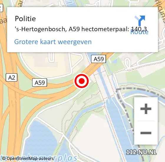 Locatie op kaart van de 112 melding: Politie 's-Hertogenbosch, A59 hectometerpaal: 140,3 op 16 februari 2024 13:25