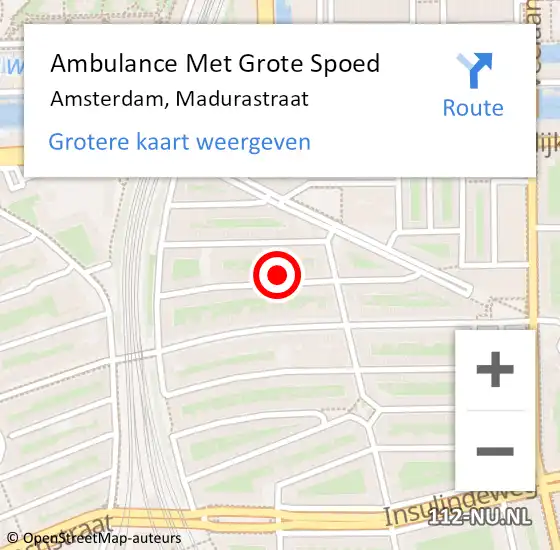 Locatie op kaart van de 112 melding: Ambulance Met Grote Spoed Naar Amsterdam, Madurastraat op 16 februari 2024 13:34