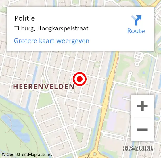 Locatie op kaart van de 112 melding: Politie Tilburg, Hoogkarspelstraat op 16 februari 2024 16:07