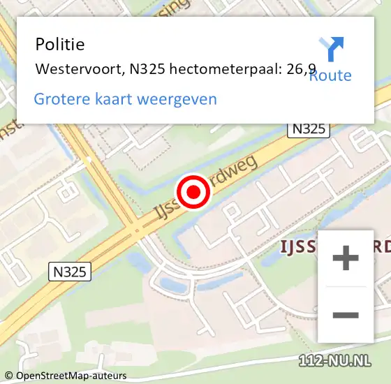 Locatie op kaart van de 112 melding: Politie Westervoort, N325 hectometerpaal: 26,9 op 16 februari 2024 16:12