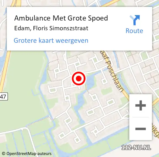 Locatie op kaart van de 112 melding: Ambulance Met Grote Spoed Naar Edam, Floris Simonszstraat op 16 februari 2024 16:24