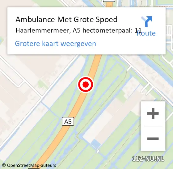 Locatie op kaart van de 112 melding: Ambulance Met Grote Spoed Naar Haarlemmermeer, A5 hectometerpaal: 11 op 16 februari 2024 16:30