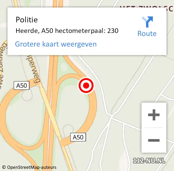 Locatie op kaart van de 112 melding: Politie Heerde, A50 hectometerpaal: 230 op 16 februari 2024 16:49