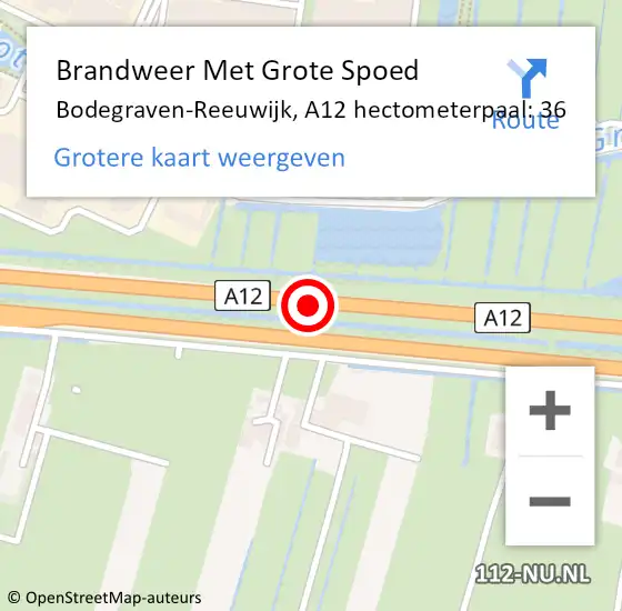 Locatie op kaart van de 112 melding: Brandweer Met Grote Spoed Naar Bodegraven-Reeuwijk, A12 hectometerpaal: 36 op 16 februari 2024 17:06