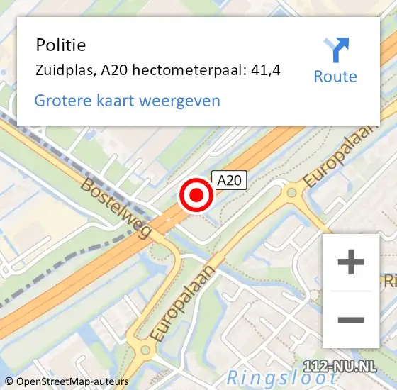 Locatie op kaart van de 112 melding: Politie Zuidplas, A20 hectometerpaal: 41,4 op 16 februari 2024 18:41