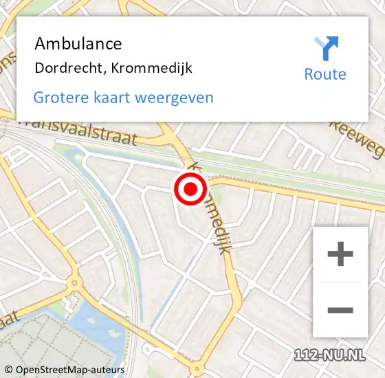 Locatie op kaart van de 112 melding: Ambulance Dordrecht, Krommedijk op 16 februari 2024 18:44
