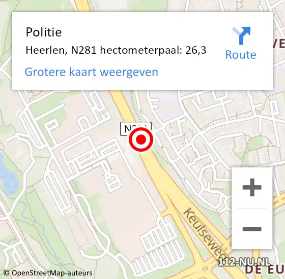 Locatie op kaart van de 112 melding: Politie Heerlen, N281 hectometerpaal: 26,3 op 16 februari 2024 19:07