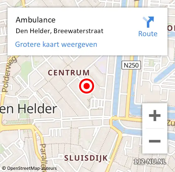 Locatie op kaart van de 112 melding: Ambulance Den Helder, Breewaterstraat op 16 februari 2024 20:52